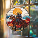 Samurai on Horseback Stained Glass Suncatcher, Autumn Japanese Warrior Art, Sunset Mountain Window Decor, Zen Home Gift