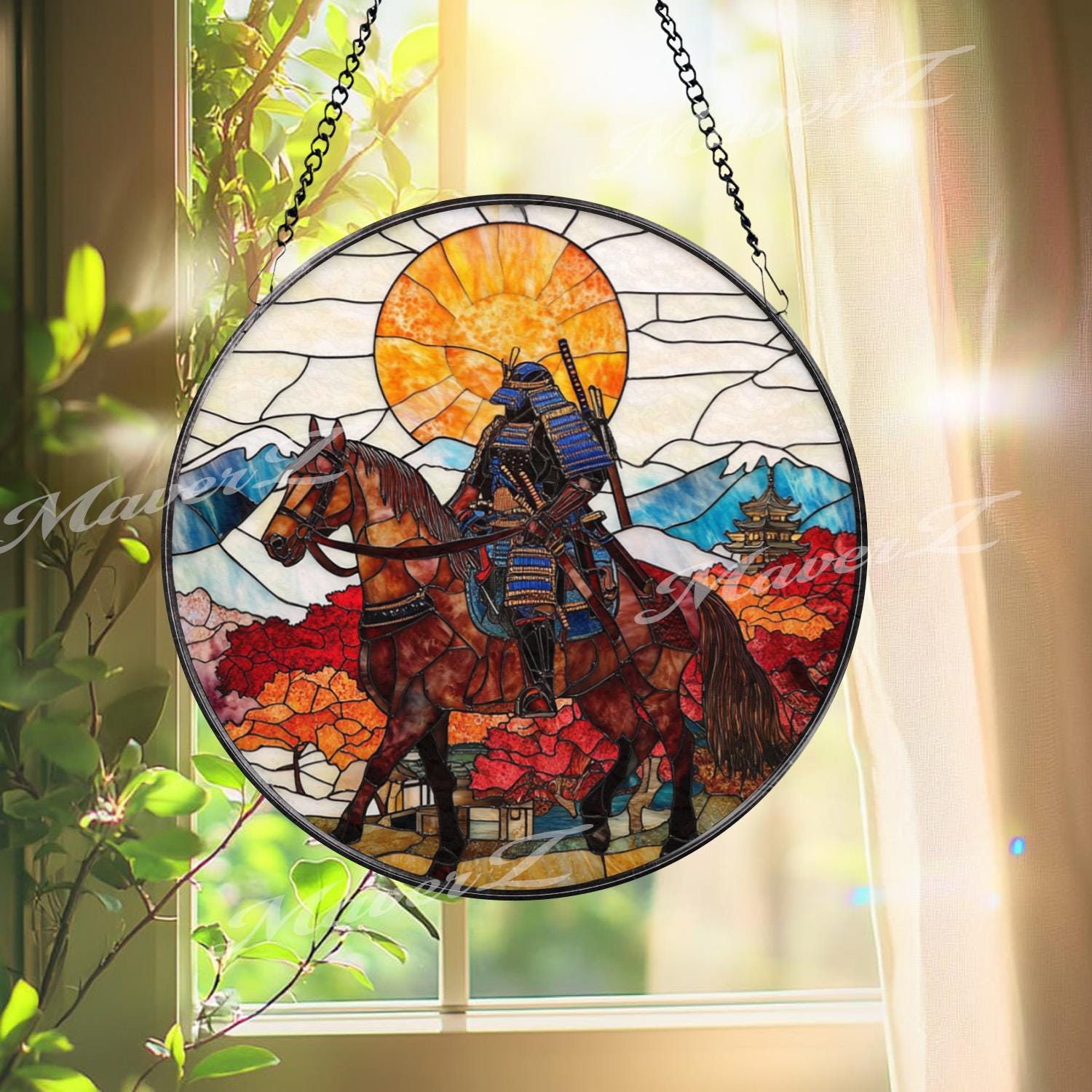Samurai on Horseback Stained Glass Suncatcher, Autumn Japanese Warrior Art, Sunset Mountain Window Decor, Zen Home Gift
