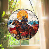 Samurai on Horseback Stained Glass Suncatcher, Autumn Japanese Warrior Art, Sunset Mountain Window Decor, Zen Home Gift