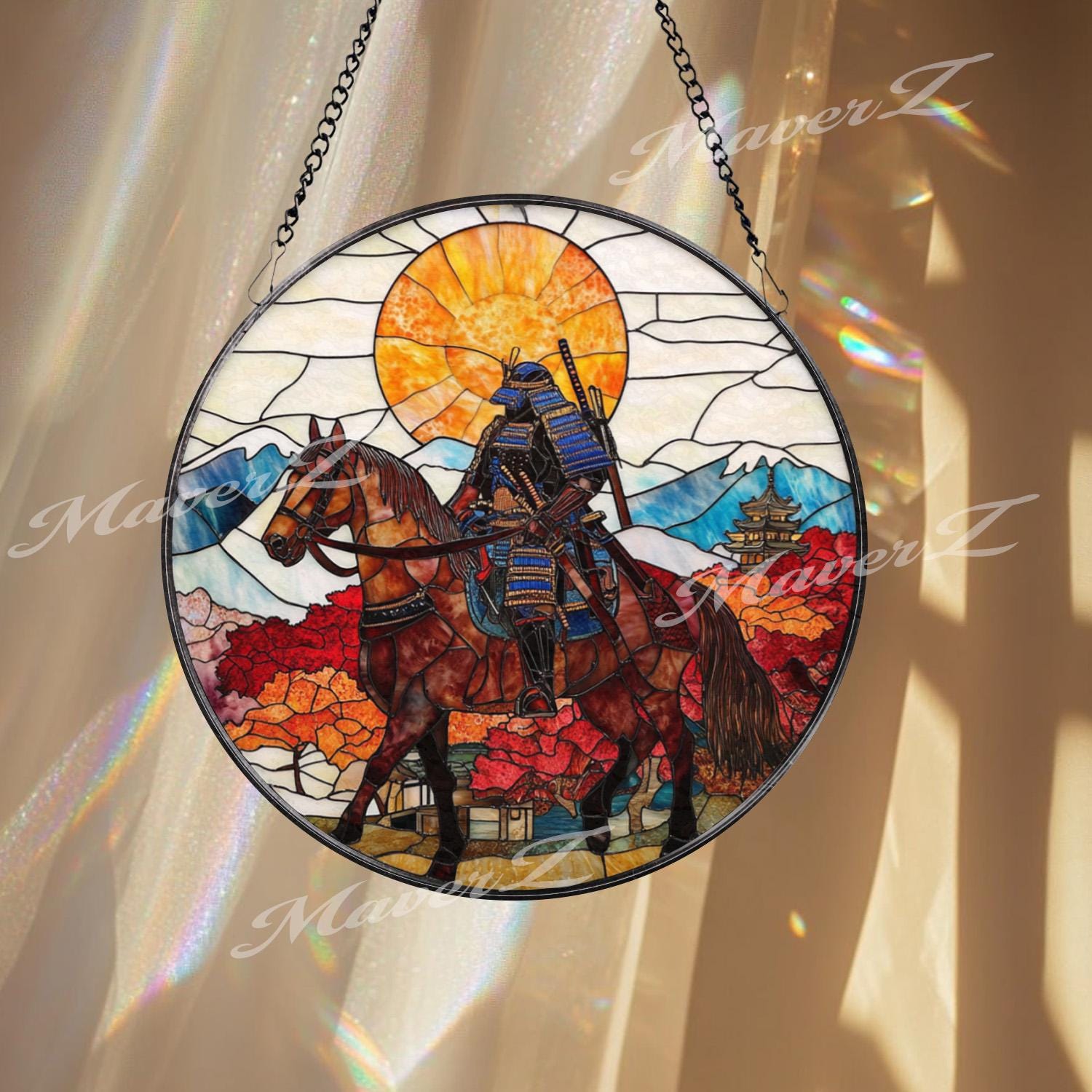 Samurai on Horseback Stained Glass Suncatcher, Autumn Japanese Warrior Art, Sunset Mountain Window Decor, Zen Home Gift
