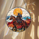Samurai on Horseback Stained Glass Suncatcher, Autumn Japanese Warrior Art, Sunset Mountain Window Decor, Zen Home Gift