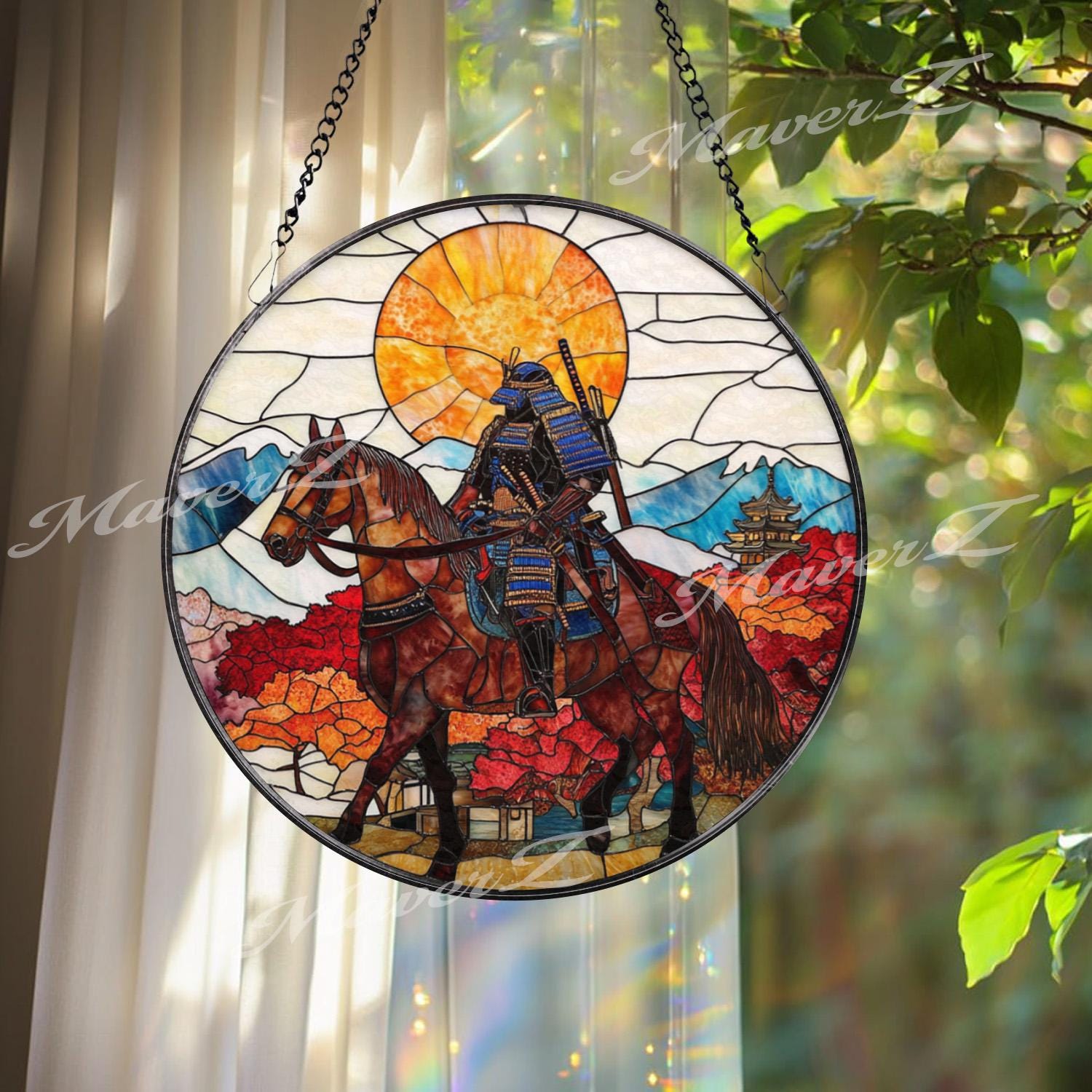 Samurai on Horseback Stained Glass Suncatcher, Autumn Japanese Warrior Art, Sunset Mountain Window Decor, Zen Home Gift