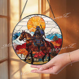 Samurai on Horseback Stained Glass Suncatcher, Autumn Japanese Warrior Art, Sunset Mountain Window Decor, Zen Home Gift