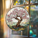 Cherry Blossom Tree Stained Glass Suncatcher, Spring Window Hanging Decor, Zen Nature Art Panel, Pink Floral Glass Gift
