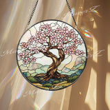 Cherry Blossom Tree Stained Glass Suncatcher, Spring Window Hanging Decor, Zen Nature Art Panel, Pink Floral Glass Gift
