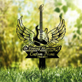Guitar Memorial Garden Stake with Angel Wings, Personalized In Loving Memory Grave Marker for Music Lovers