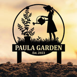 Personalized Garden Name Sign with Girl Watering Plants, Custom Metal Yard Stake, Outdoor Garden Decor Gift for Her or Mom