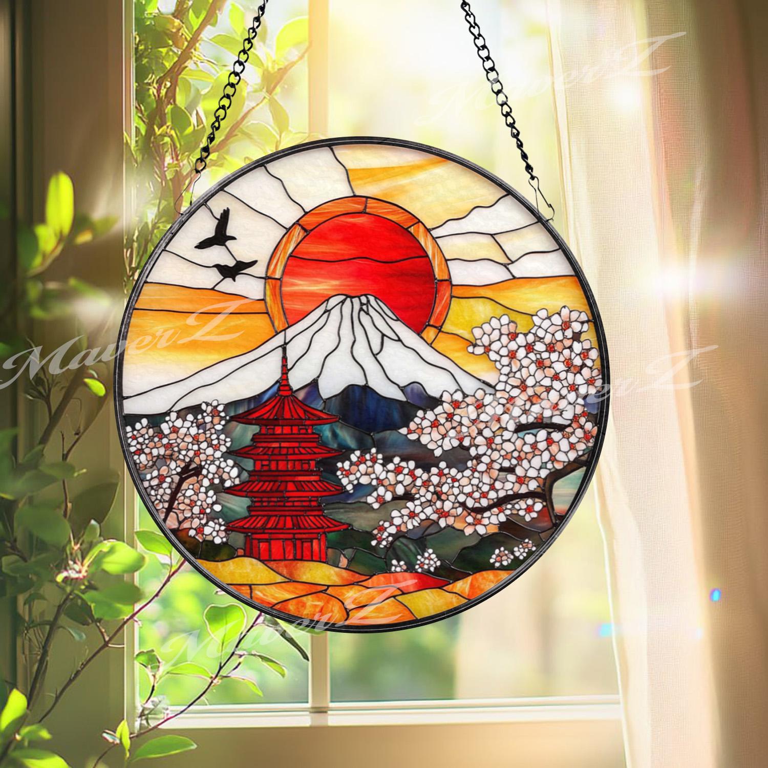 Japanese Pagoda Stained Glass Suncatcher, Red Sun Mount Fuji Window Hanging, Sakura Cherry Blossom Glass Panel, Oriental Zen Decor