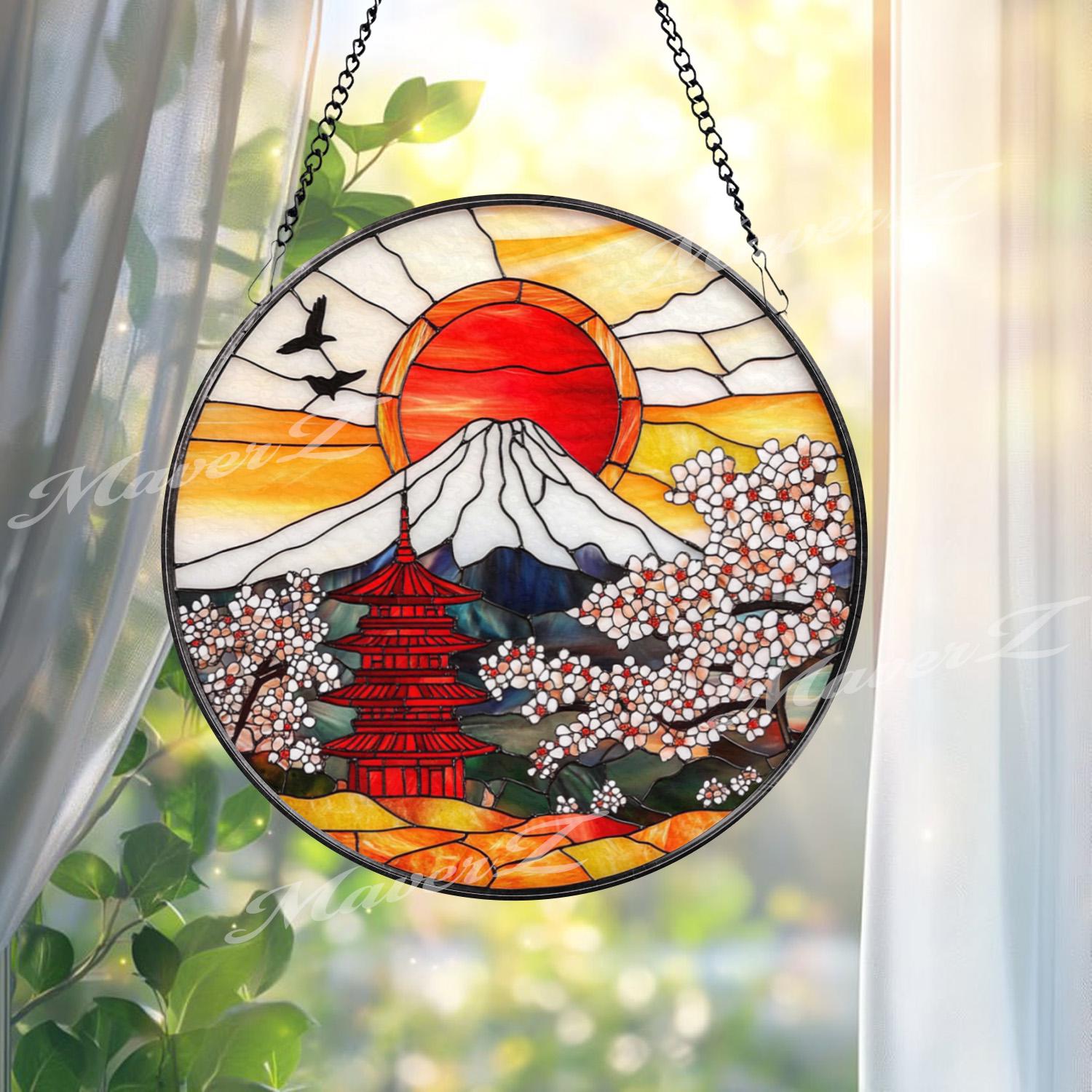 Japanese Pagoda Stained Glass Suncatcher, Red Sun Mount Fuji Window Hanging, Sakura Cherry Blossom Glass Panel, Oriental Zen Decor