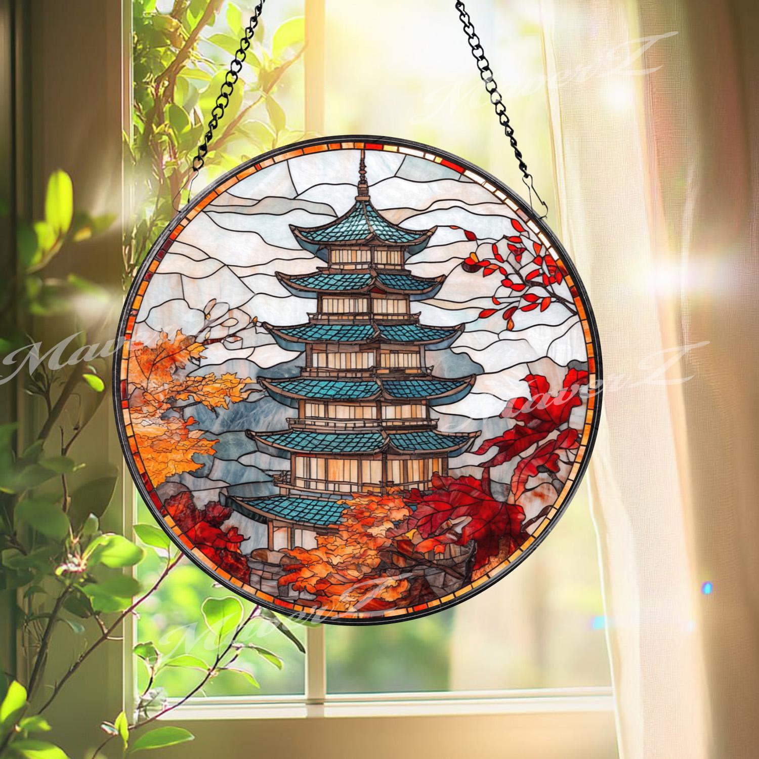 Autumn Japanese Pagoda Stained Glass Suncatcher, Fall Foliage Window Hanging, Temple Glass Art Panel, Oriental Zen Decor Gift