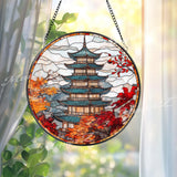 Autumn Japanese Pagoda Stained Glass Suncatcher, Fall Foliage Window Hanging, Temple Glass Art Panel, Oriental Zen Decor Gift