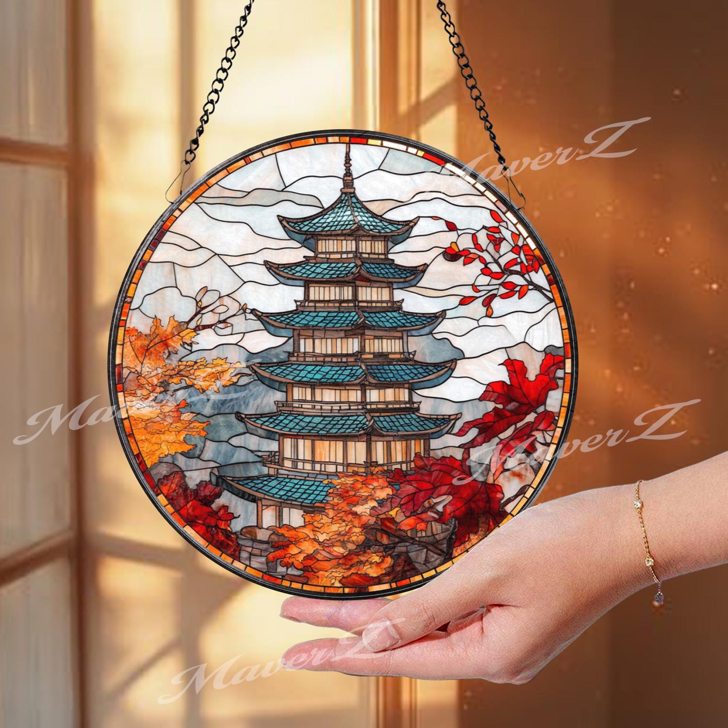Autumn Japanese Pagoda Stained Glass Suncatcher, Fall Foliage Window Hanging, Temple Glass Art Panel, Oriental Zen Decor Gift