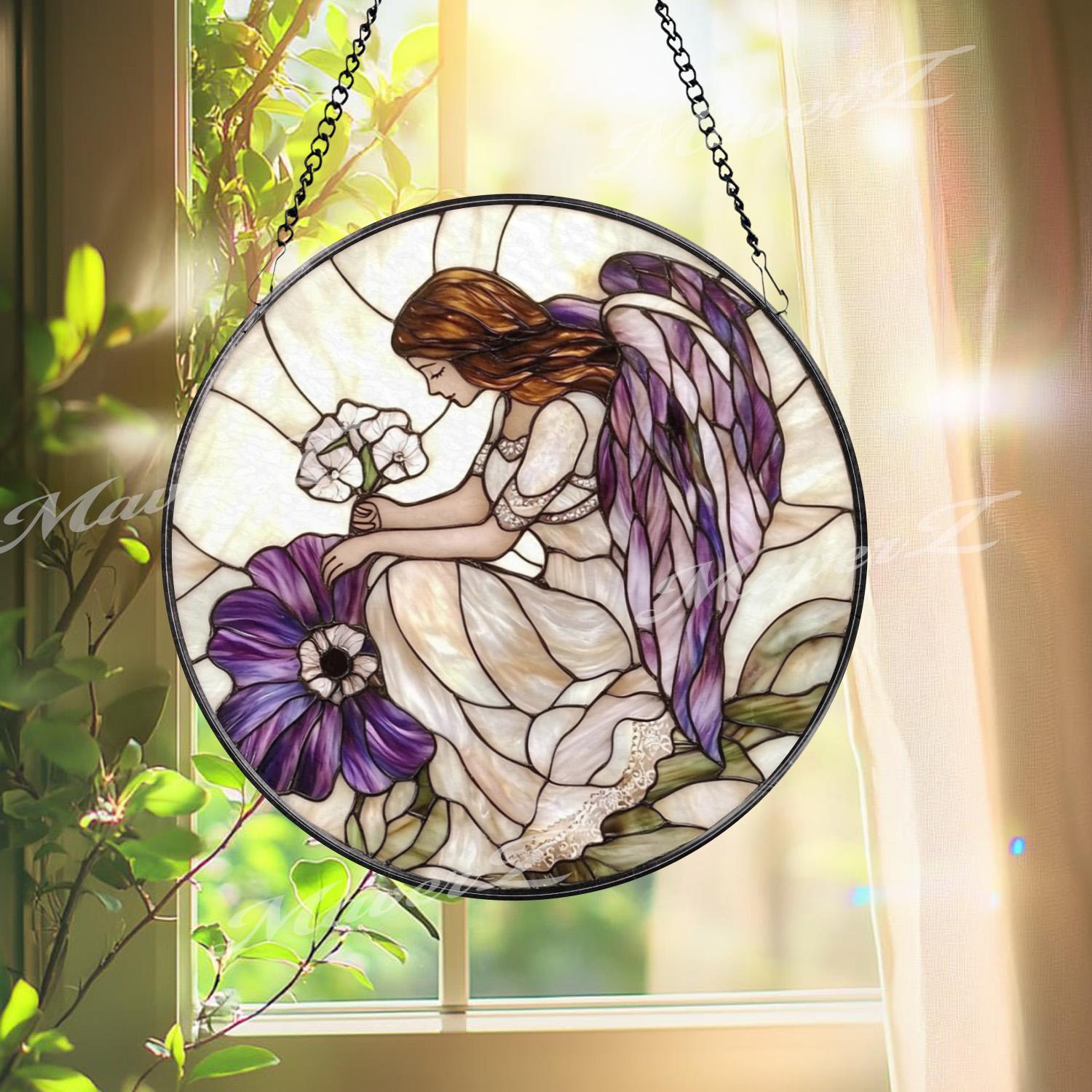 Purple Angel Stained Glass Suncatcher, Guardian Angel Window Hanging, Memorial Glass Panel, Sympathy Gift, Heavenly Home Decor