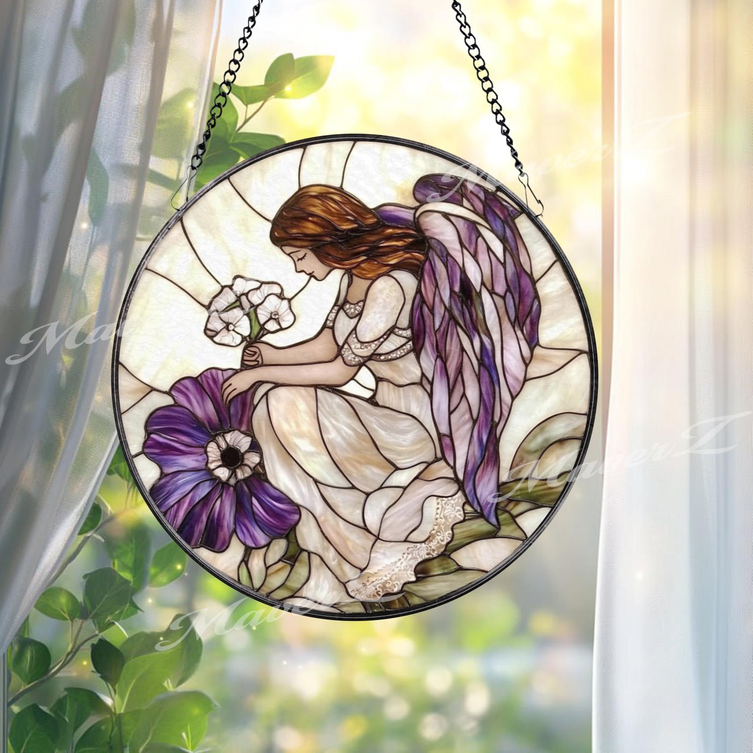 Purple Angel Stained Glass Suncatcher, Guardian Angel Window Hanging, Memorial Glass Panel, Sympathy Gift, Heavenly Home Decor