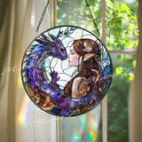 Fantasy Elf and Dragon Stained Glass Suncatcher, Purple Dragon Window Hanging, Elven Lover Gift, Magical Window Art, Mystic Decor