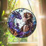 Fantasy Elf and Dragon Stained Glass Suncatcher, Purple Dragon Window Hanging, Elven Lover Gift, Magical Window Art, Mystic Decor