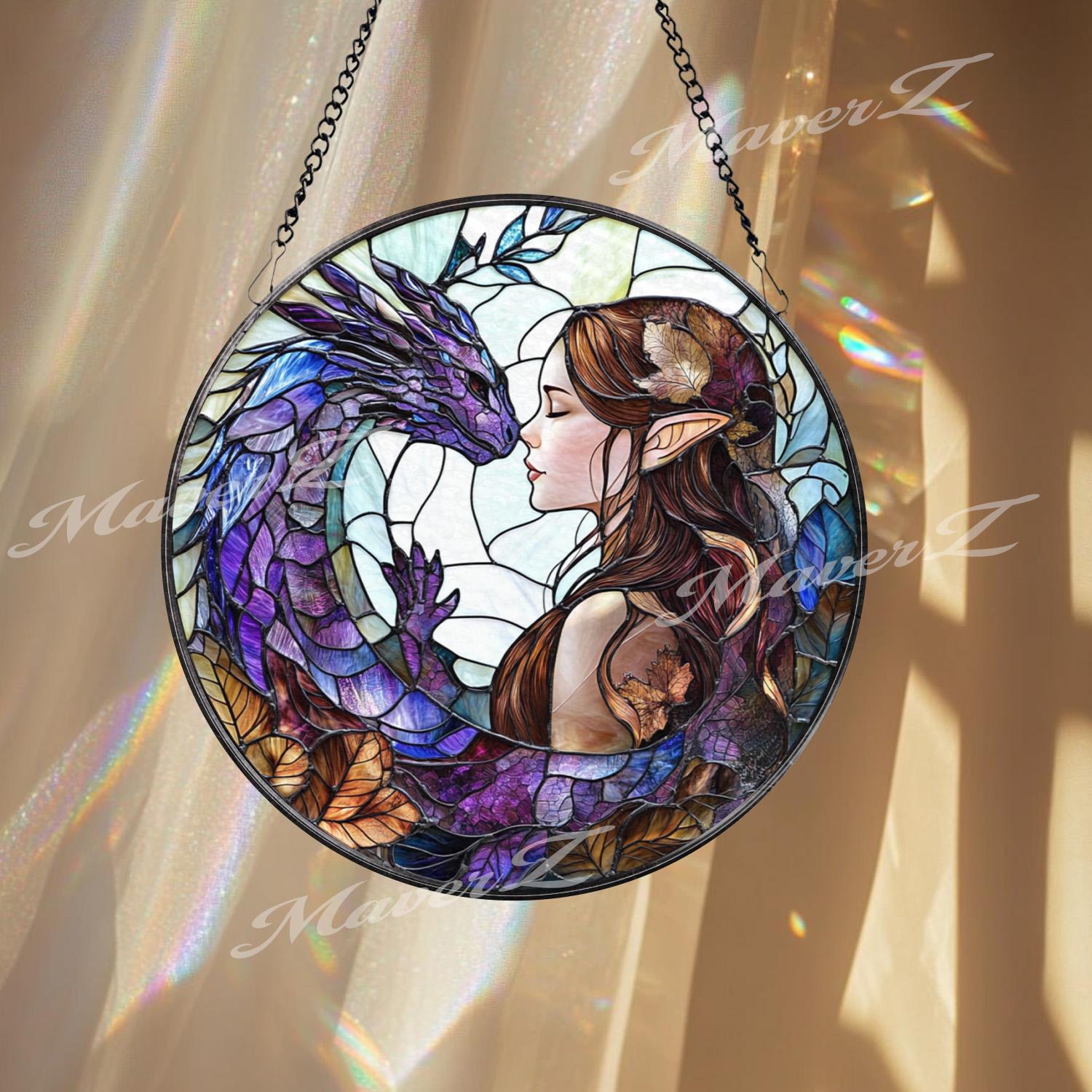 Fantasy Elf and Dragon Stained Glass Suncatcher, Purple Dragon Window Hanging, Elven Lover Gift, Magical Window Art, Mystic Decor