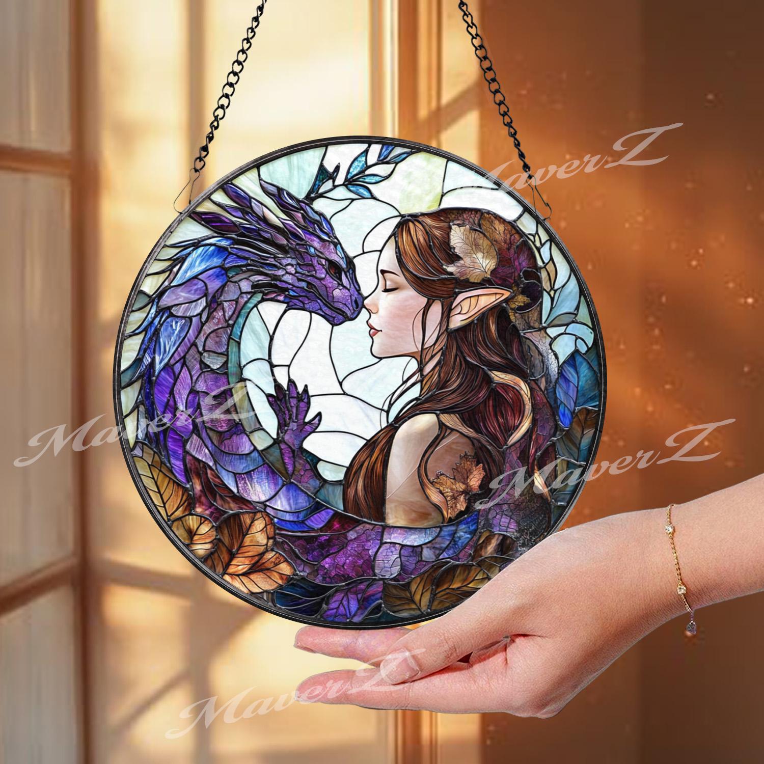Fantasy Elf and Dragon Stained Glass Suncatcher, Purple Dragon Window Hanging, Elven Lover Gift, Magical Window Art, Mystic Decor