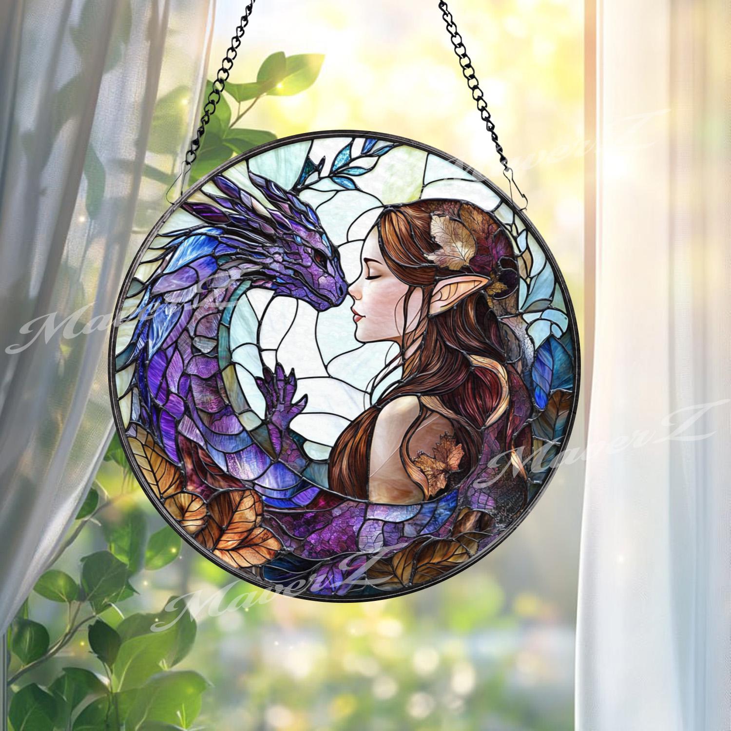Fantasy Elf and Dragon Stained Glass Suncatcher, Purple Dragon Window Hanging, Elven Lover Gift, Magical Window Art, Mystic Decor