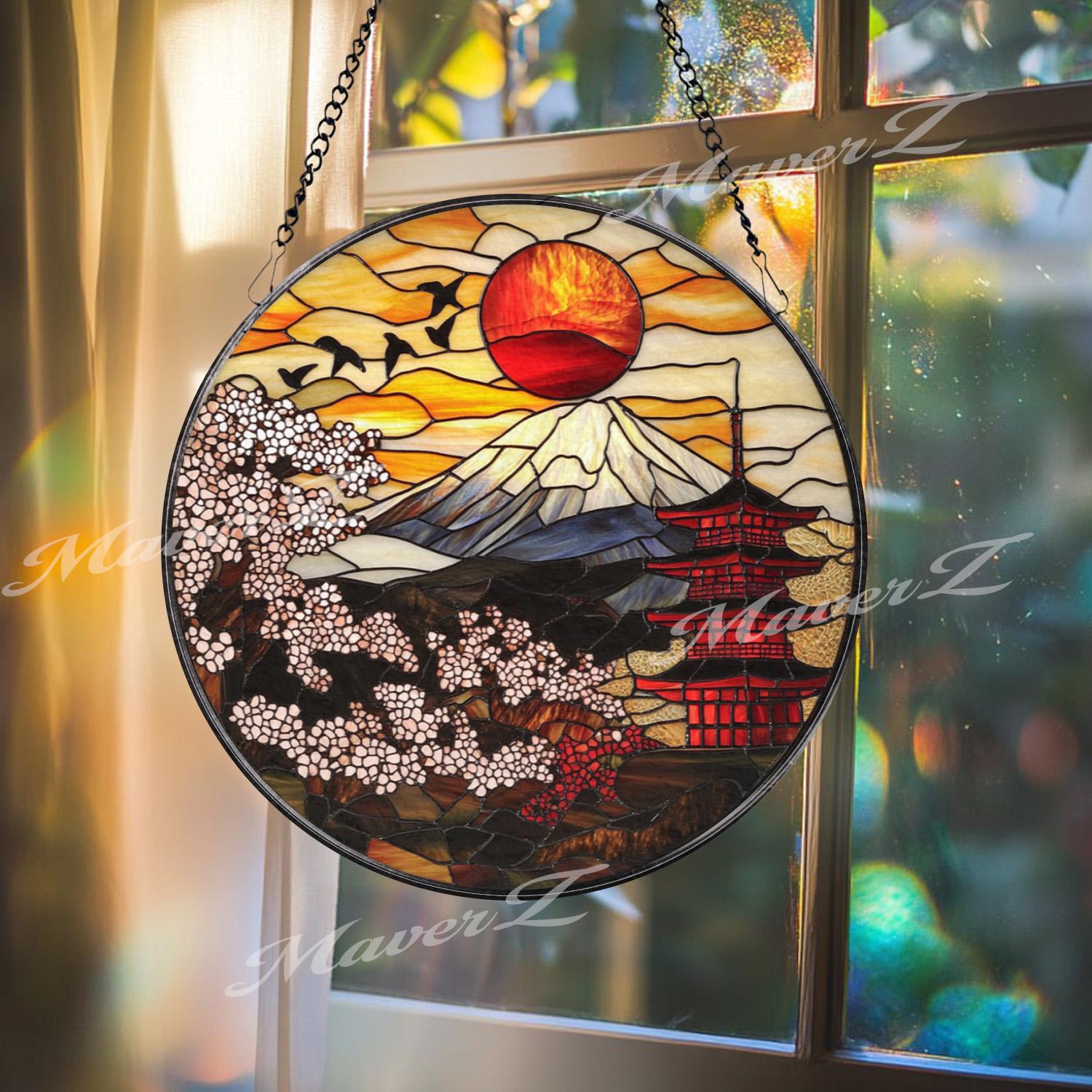 Mount Fuji Stained Glass Suncatcher, Japanese Pagoda & Sakura Window Hanging, Red Sun Panel Decor, Oriental Art Gift