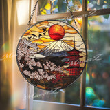 Mount Fuji Stained Glass Suncatcher, Japanese Pagoda & Sakura Window Hanging, Red Sun Panel Decor, Oriental Art Gift