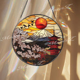 Mount Fuji Stained Glass Suncatcher, Japanese Pagoda & Sakura Window Hanging, Red Sun Panel Decor, Oriental Art Gift