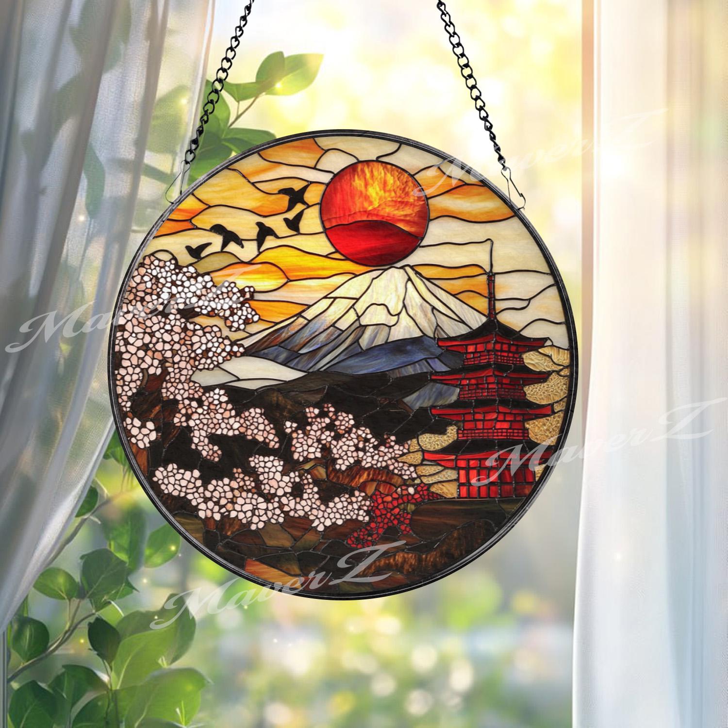 Mount Fuji Stained Glass Suncatcher, Japanese Pagoda & Sakura Window Hanging, Red Sun Panel Decor, Oriental Art Gift