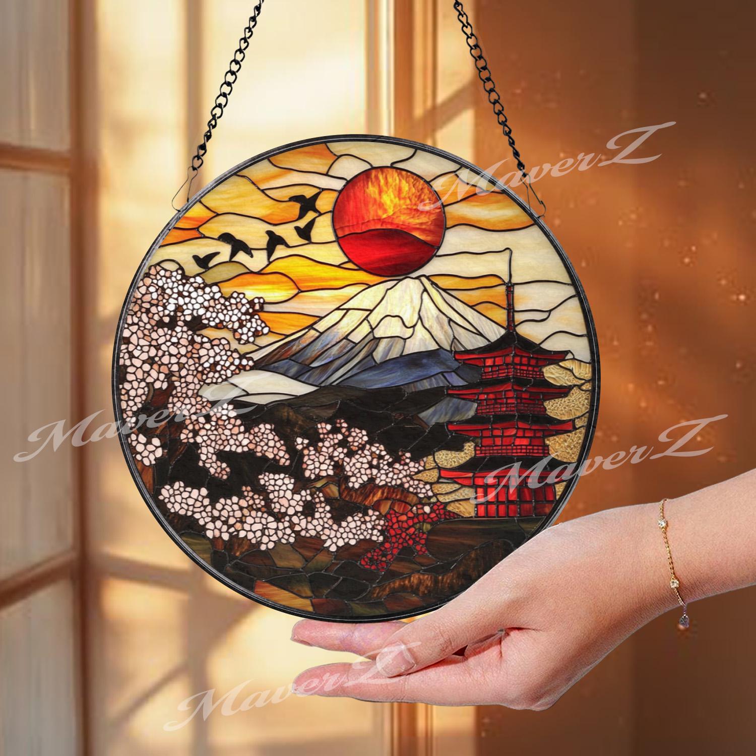 Mount Fuji Stained Glass Suncatcher, Japanese Pagoda & Sakura Window Hanging, Red Sun Panel Decor, Oriental Art Gift