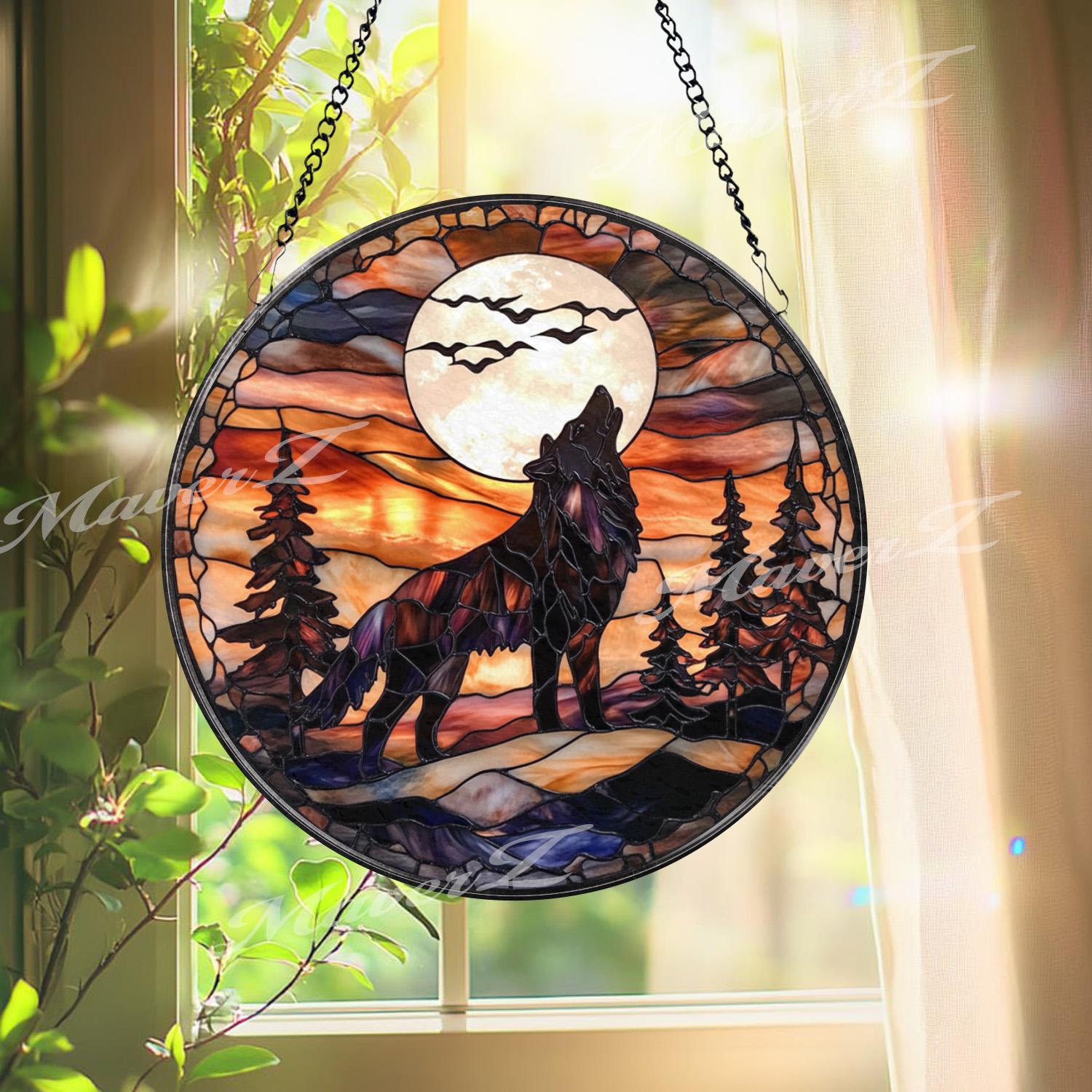 Howling Wolf Stained Glass Suncatcher, Full Moon Forest Window Decor, Wildlife Rustic Cabin Panel, Wolf Lover Gift