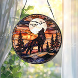 Howling Wolf Stained Glass Suncatcher, Full Moon Forest Window Decor, Wildlife Rustic Cabin Panel, Wolf Lover Gift