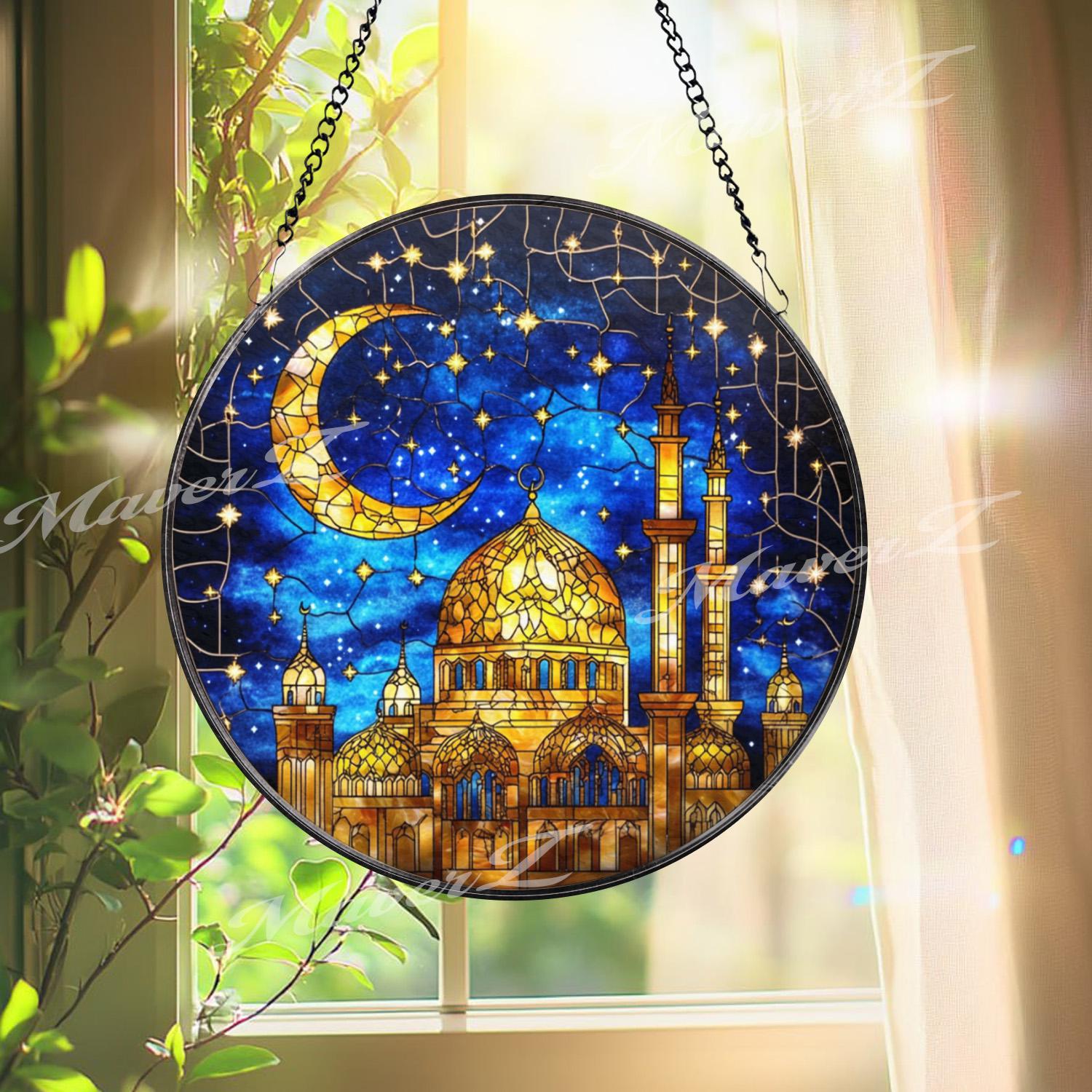 Mosque Stained Glass Suncatcher, Crescent Moon Islamic Decor, Ramadan Eid Window Hanging, Muslim Gift, Mosque Glass Panel