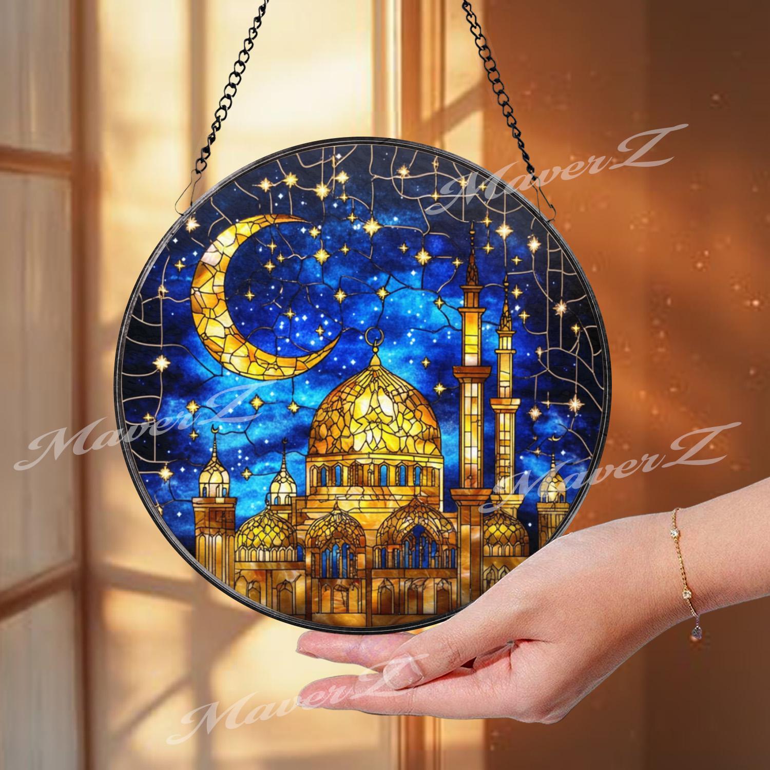 Mosque Stained Glass Suncatcher, Crescent Moon Islamic Decor, Ramadan Eid Window Hanging, Muslim Gift, Mosque Glass Panel
