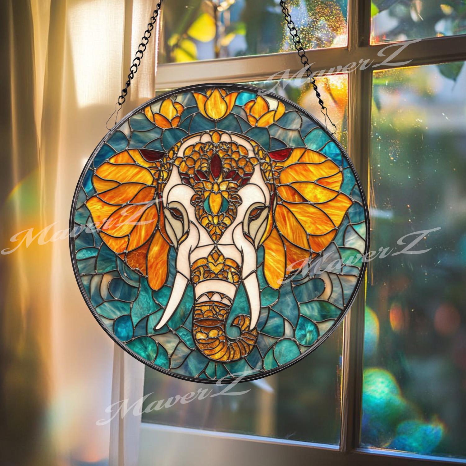 Elephant Stained Glass Suncatcher, Mandala Elephant Decor, Boho Jungle Animal Glass Art, Safari Window Hanging, Gift for Elephant Lovers