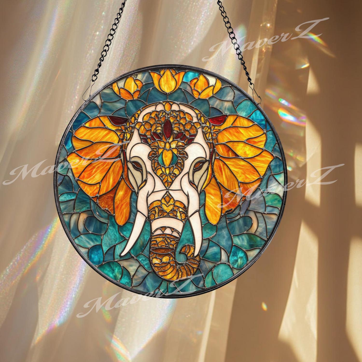 Elephant Stained Glass Suncatcher, Mandala Elephant Decor, Boho Jungle Animal Glass Art, Safari Window Hanging, Gift for Elephant Lovers