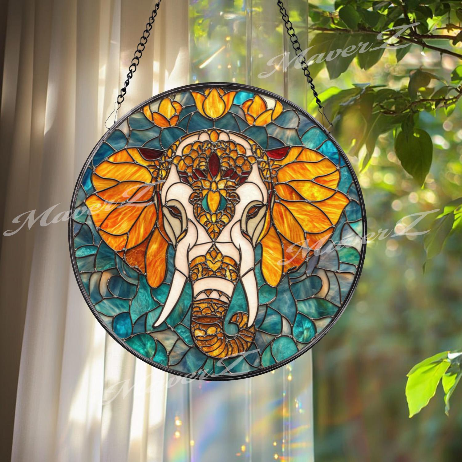 Elephant Stained Glass Suncatcher, Mandala Elephant Decor, Boho Jungle Animal Glass Art, Safari Window Hanging, Gift for Elephant Lovers