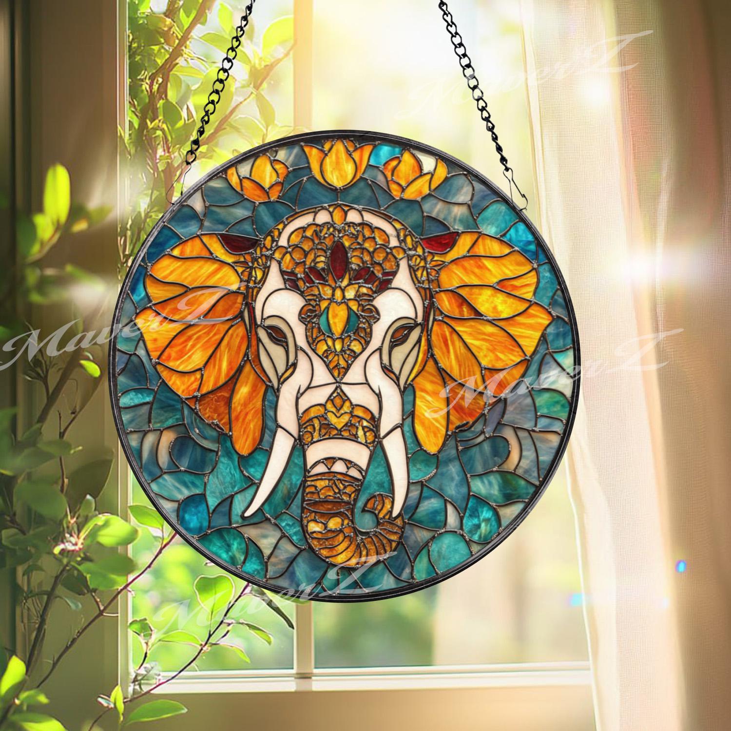 Elephant Stained Glass Suncatcher, Mandala Elephant Decor, Boho Jungle Animal Glass Art, Safari Window Hanging, Gift for Elephant Lovers