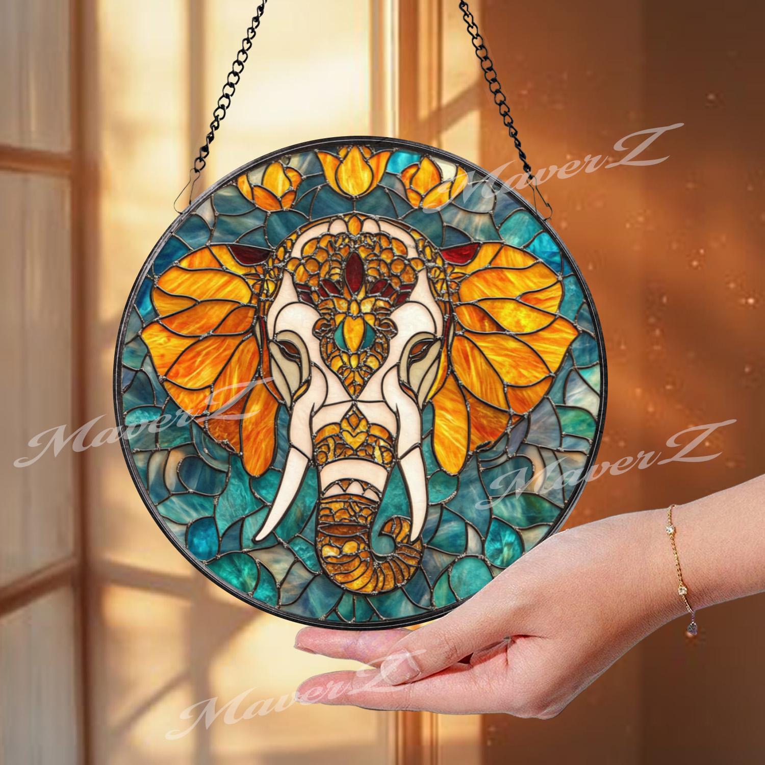 Elephant Stained Glass Suncatcher, Mandala Elephant Decor, Boho Jungle Animal Glass Art, Safari Window Hanging, Gift for Elephant Lovers
