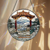Torii Gate Stained Glass Suncatcher, Japanese Zen Garden Window Art, Mountain River Landscape Panel, Peaceful Nature Home Decor