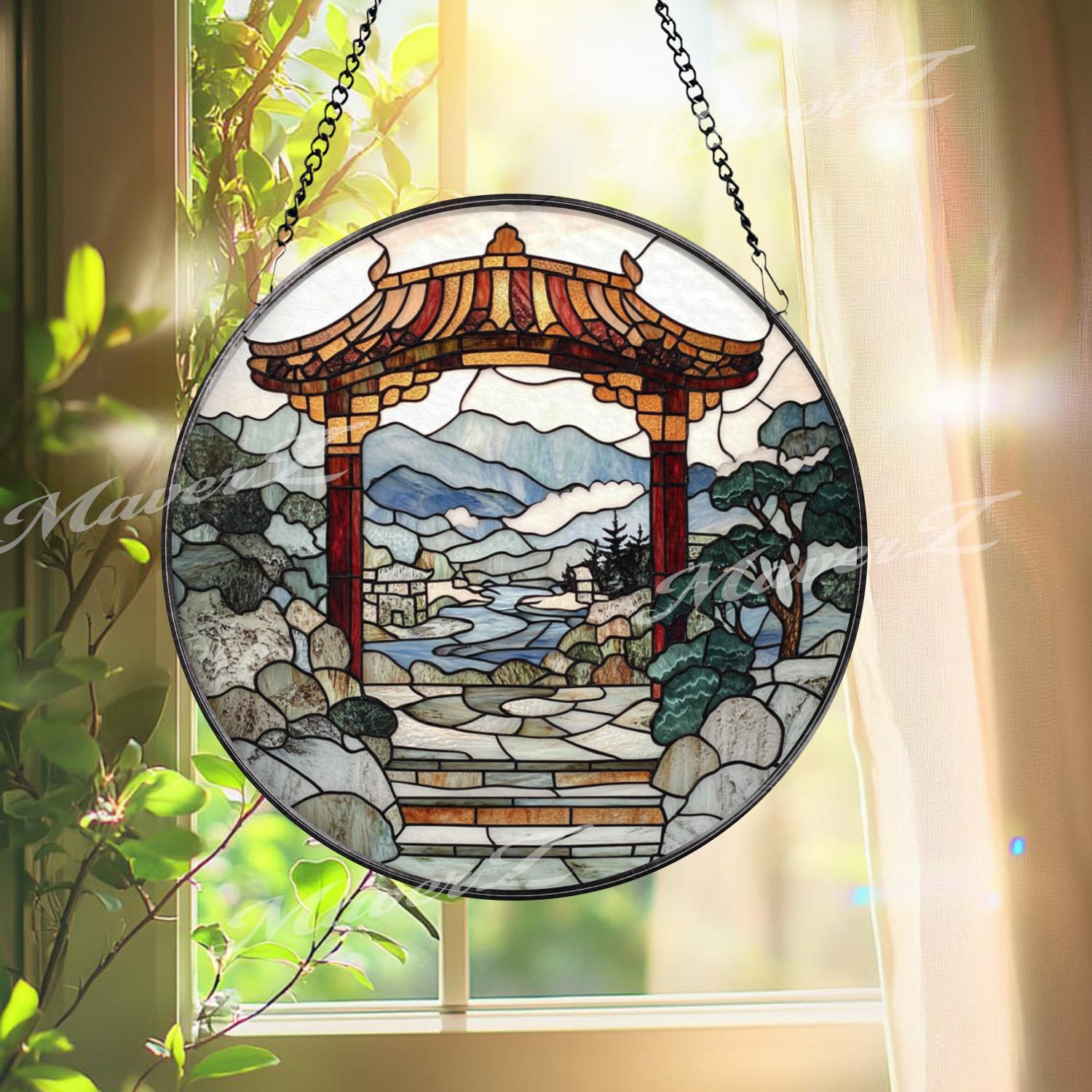Torii Gate Stained Glass Suncatcher, Japanese Zen Garden Window Art, Mountain River Landscape Panel, Peaceful Nature Home Decor