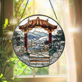 Torii Gate Stained Glass Suncatcher, Japanese Zen Garden Window Art, Mountain River Landscape Panel, Peaceful Nature Home Decor