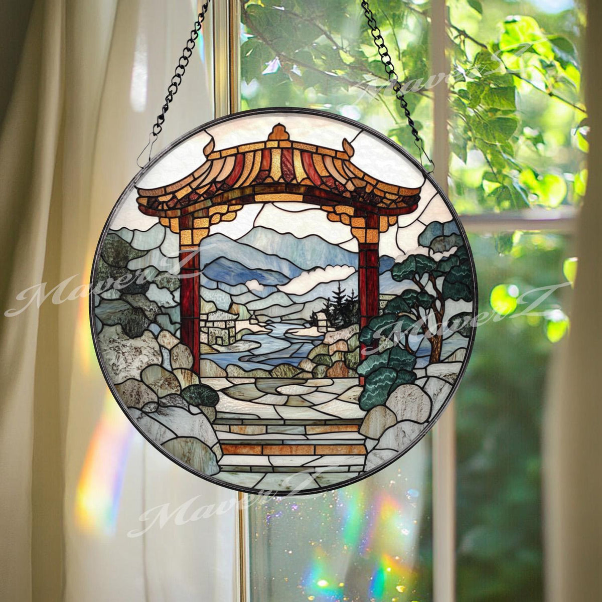 Torii Gate Stained Glass Suncatcher, Japanese Zen Garden Window Art, Mountain River Landscape Panel, Peaceful Nature Home Decor