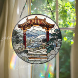 Torii Gate Stained Glass Suncatcher, Japanese Zen Garden Window Art, Mountain River Landscape Panel, Peaceful Nature Home Decor