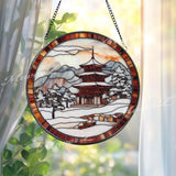 Japanese Pagoda Winter Stained Glass Suncatcher, Snowy Temple Window Hanging Art, Round Japan Landscape Glass Panel, Zen Decor Gift