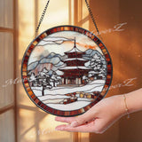 Japanese Pagoda Winter Stained Glass Suncatcher, Snowy Temple Window Hanging Art, Round Japan Landscape Glass Panel, Zen Decor Gift
