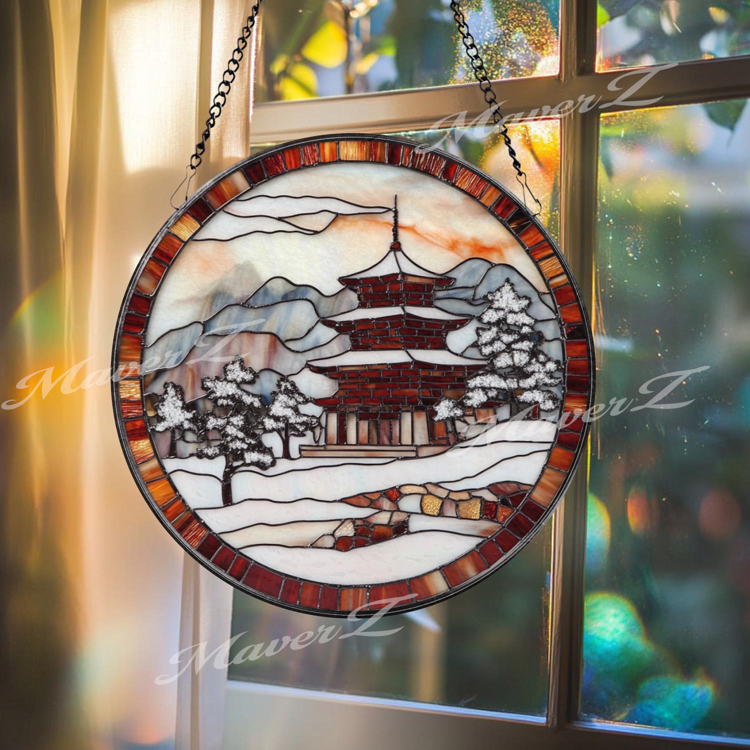Japanese Pagoda Winter Stained Glass Suncatcher, Snowy Temple Window Hanging Art, Round Japan Landscape Glass Panel, Zen Decor Gift