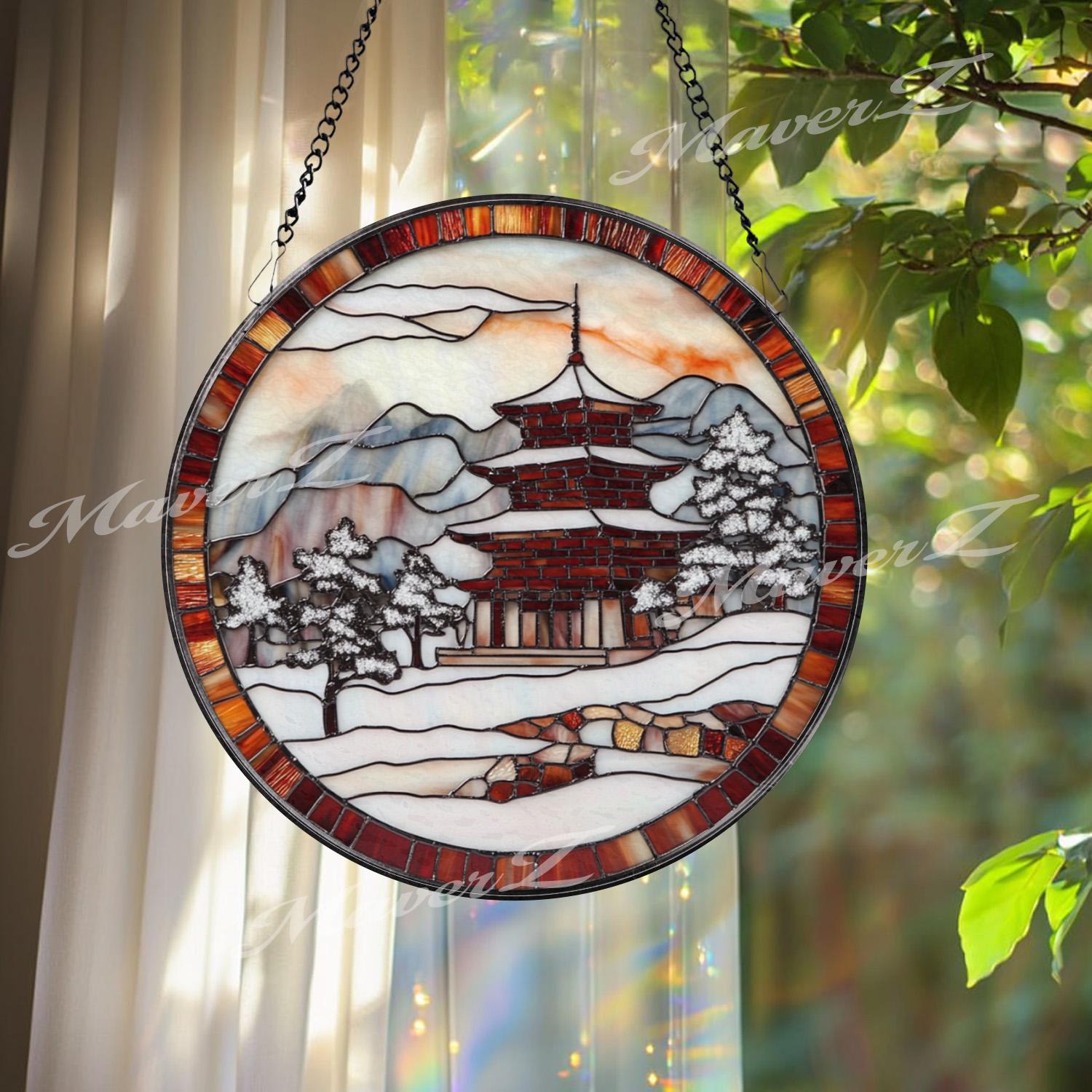 Japanese Pagoda Winter Stained Glass Suncatcher, Snowy Temple Window Hanging Art, Round Japan Landscape Glass Panel, Zen Decor Gift