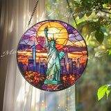 Statue of Liberty Stained Glass Suncatcher, NYC Skyline Window Hanging Art, Sunset Liberty Panel, American Landmark Gift for Patriots