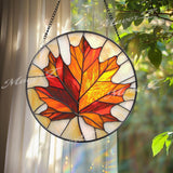 Maple Leaf Stained Glass Suncatcher, Autumn Fall Window Hanging Decor, Round Glass Leaf Panel, Canadian Nature Gift for Cozy Homes