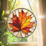 Maple Leaf Stained Glass Suncatcher, Autumn Fall Window Hanging Decor, Round Glass Leaf Panel, Canadian Nature Gift for Cozy Homes