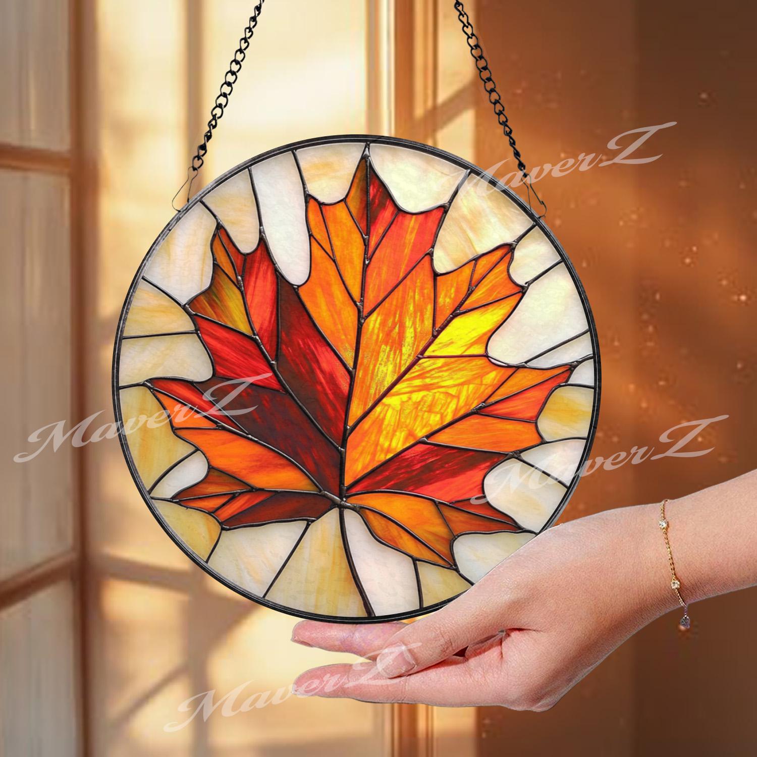 Maple Leaf Stained Glass Suncatcher, Autumn Fall Window Hanging Decor, Round Glass Leaf Panel, Canadian Nature Gift for Cozy Homes